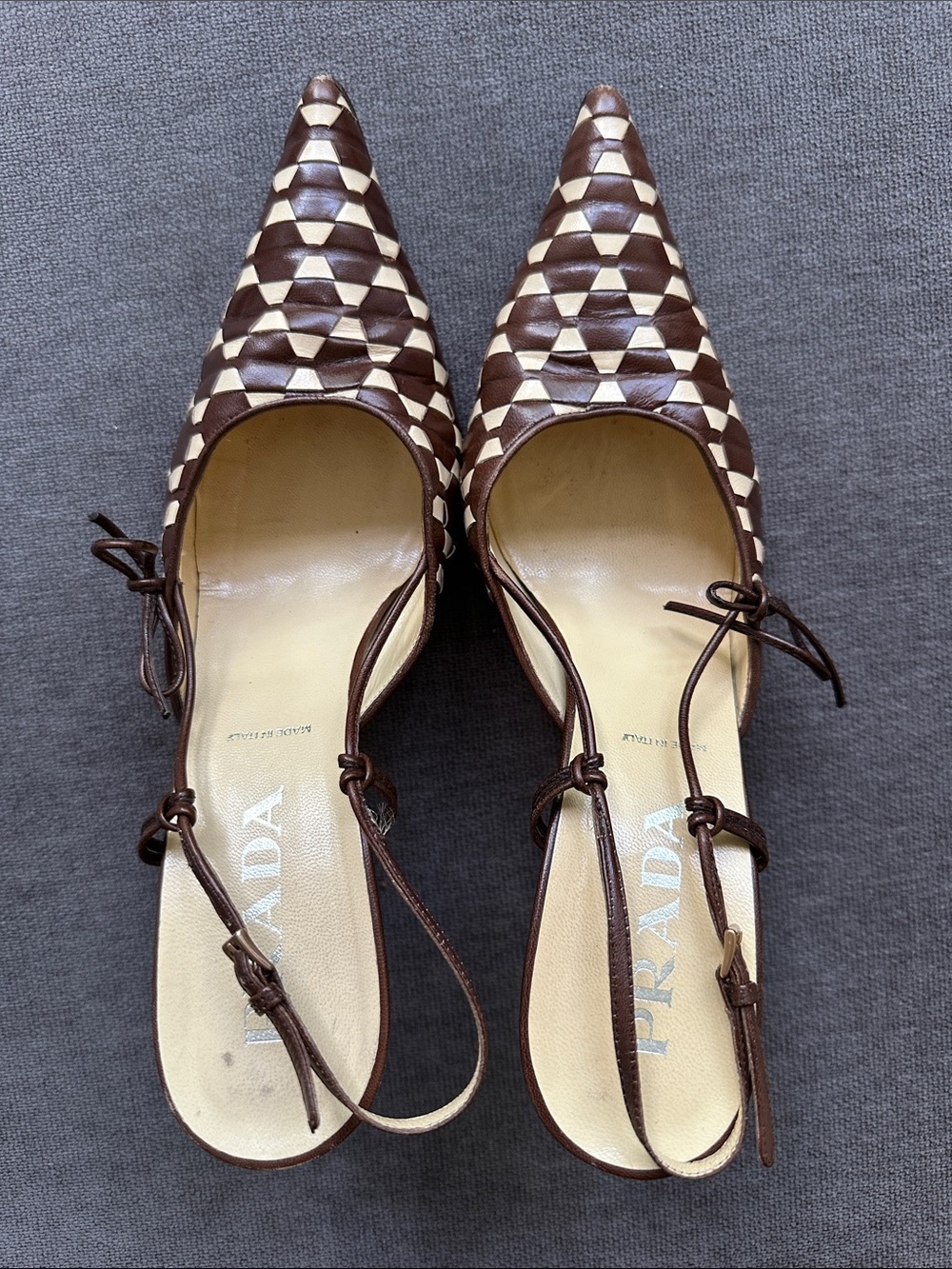 Prada Brown and Cream Woven Pointed Slingback Pumps